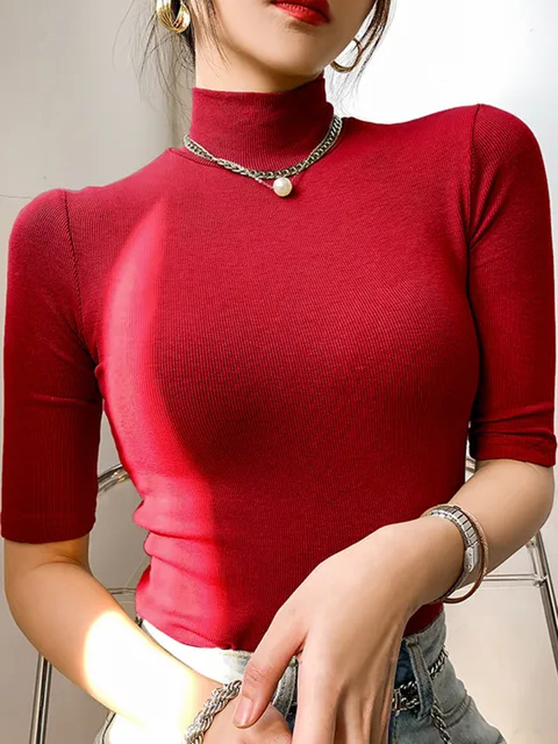 Basic Cotton T Shirt Women Turtleneck Slim Tshirt Short Sleeve T-Shirts Female Casual Elasticity White Tee Shirt Femme Woman Top